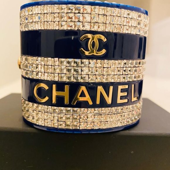 Chanel Navy Blue Crystal Studded Bracelet Cuff - Picture 5 of 12